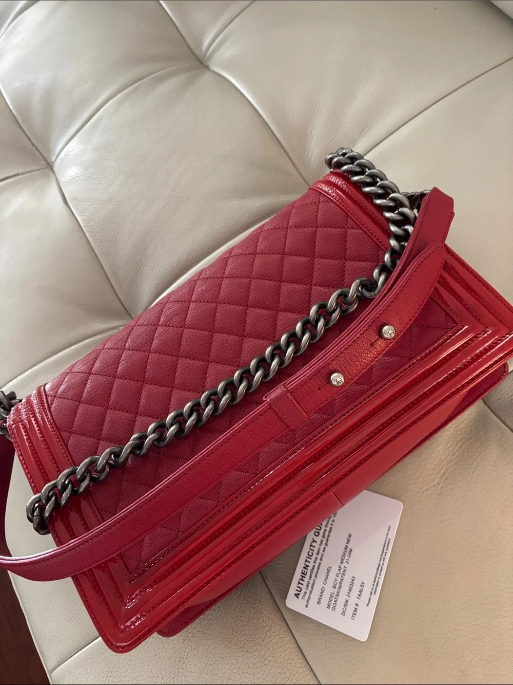 CHANEL Boy Red Quilted Leather Shoulder Bag with Chain Strap- Medium